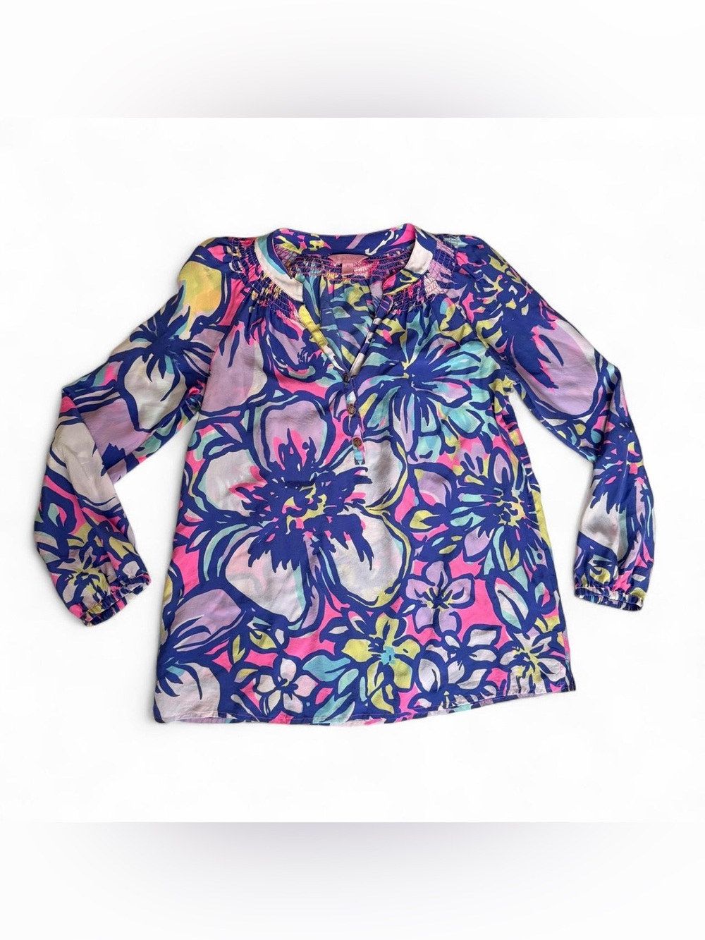 Lilly Pulitzer Purple Pink Blue Floral 100% Silk Long Sleeve Blouse Women’s S
